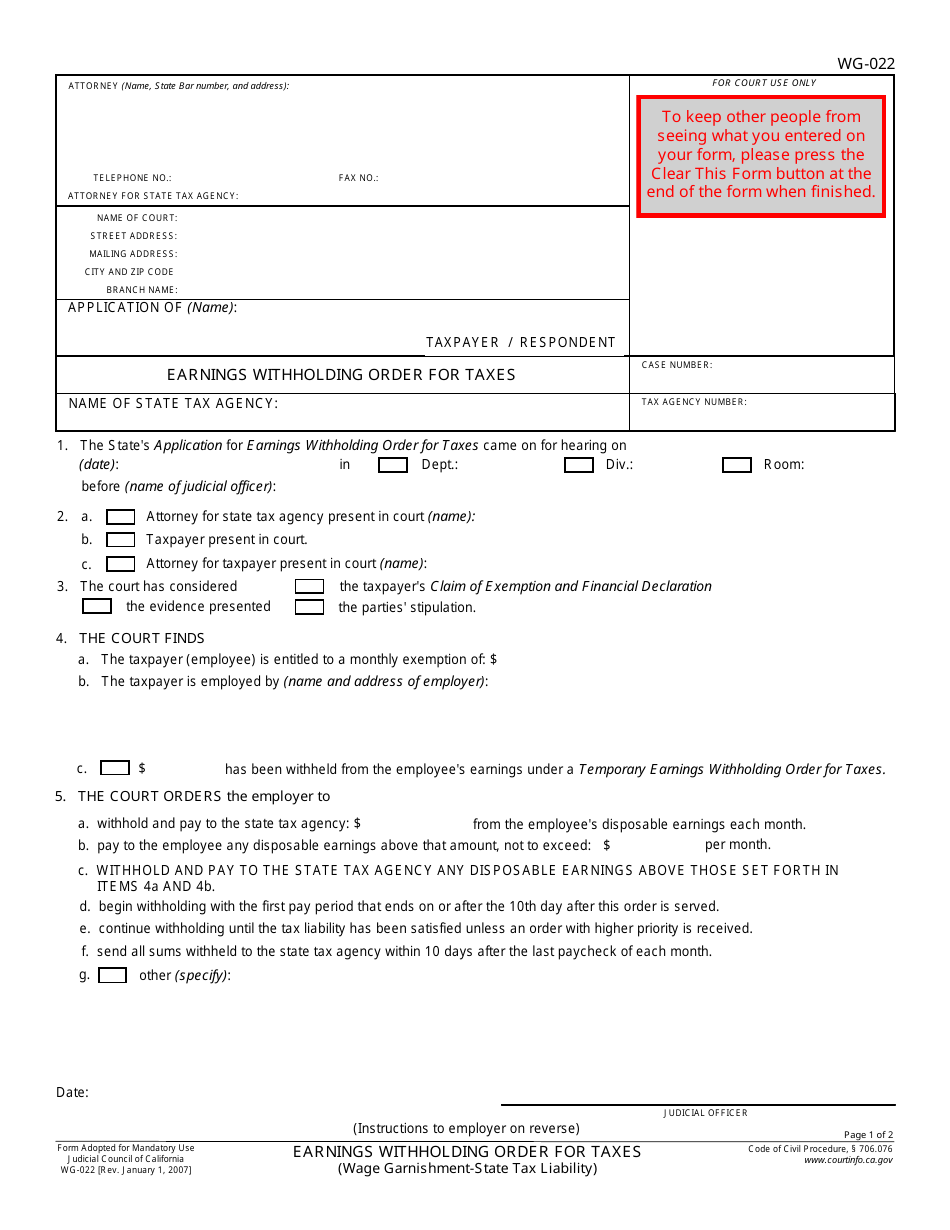 Form WG-022 Earnings Withholding Order for Taxes - California, Page 1