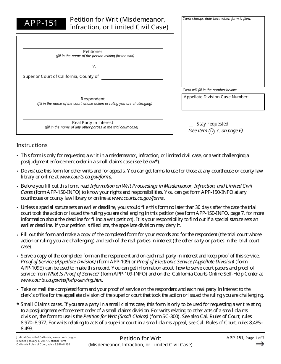 Form APP-151 Petition for Writ (Misdemeanor, Infraction, or Limited Civil Case) - California, Page 1
