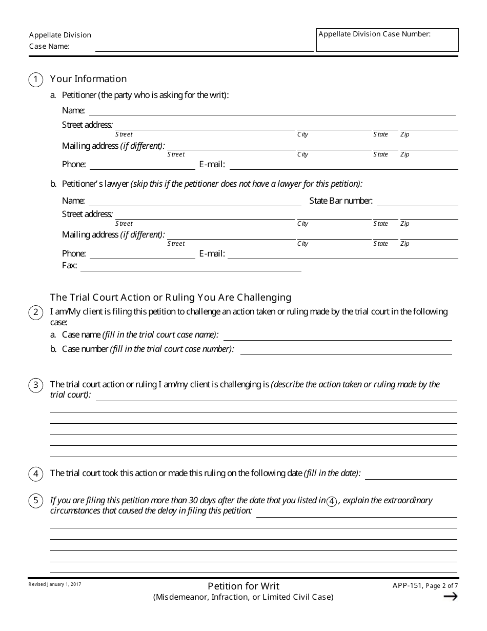 Form APP-151 Petition for Writ (Misdemeanor, Infraction, or Limited Civil Case) - California, Page 2
