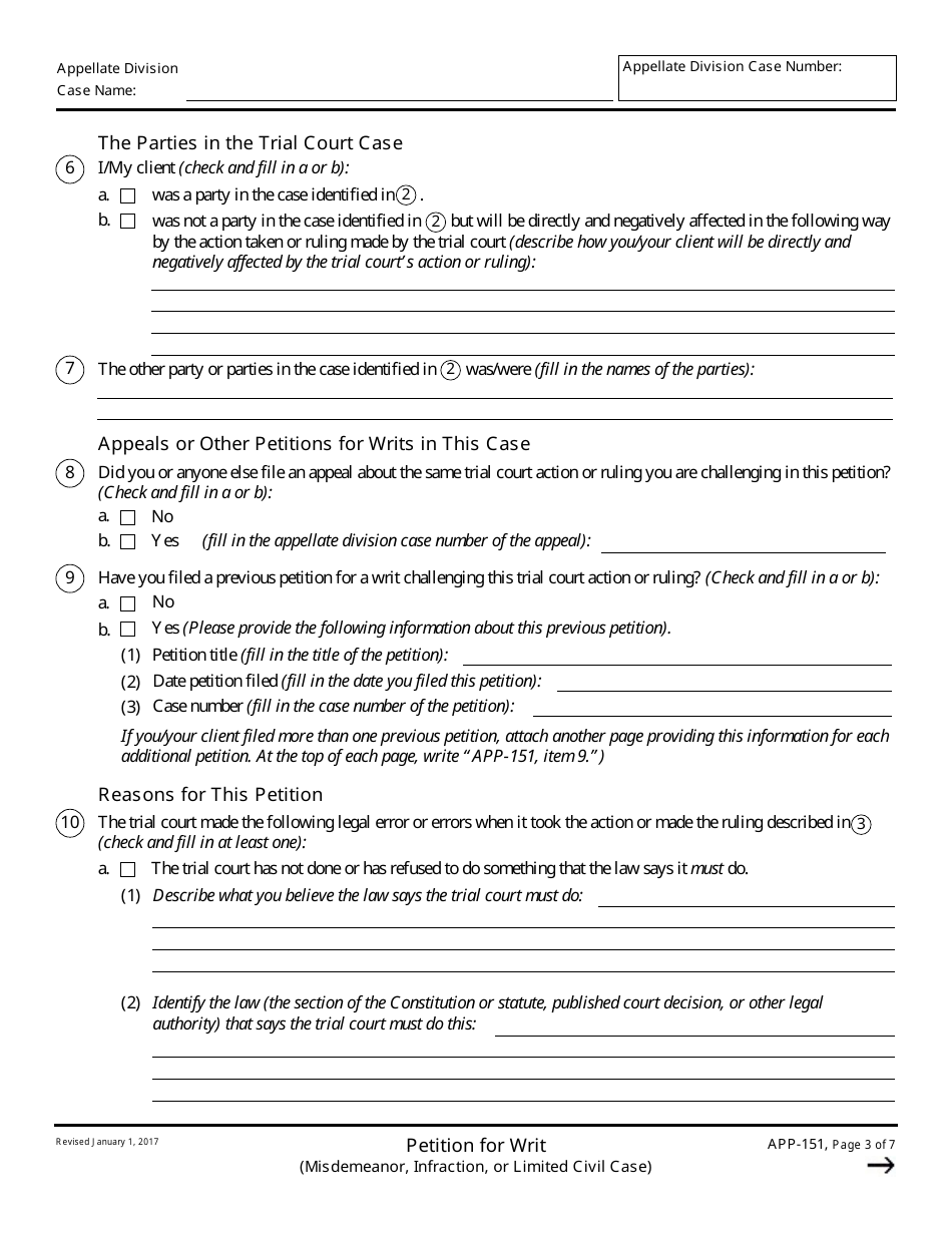 Form APP-151 Petition for Writ (Misdemeanor, Infraction, or Limited Civil Case) - California, Page 3