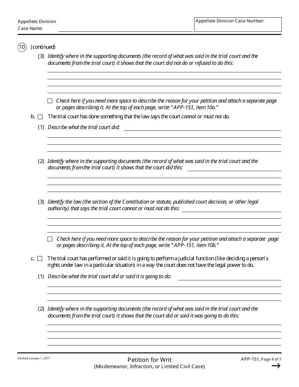 Form APP-151 Petition for Writ (Misdemeanor, Infraction, or Limited Civil Case) - California, Page 4
