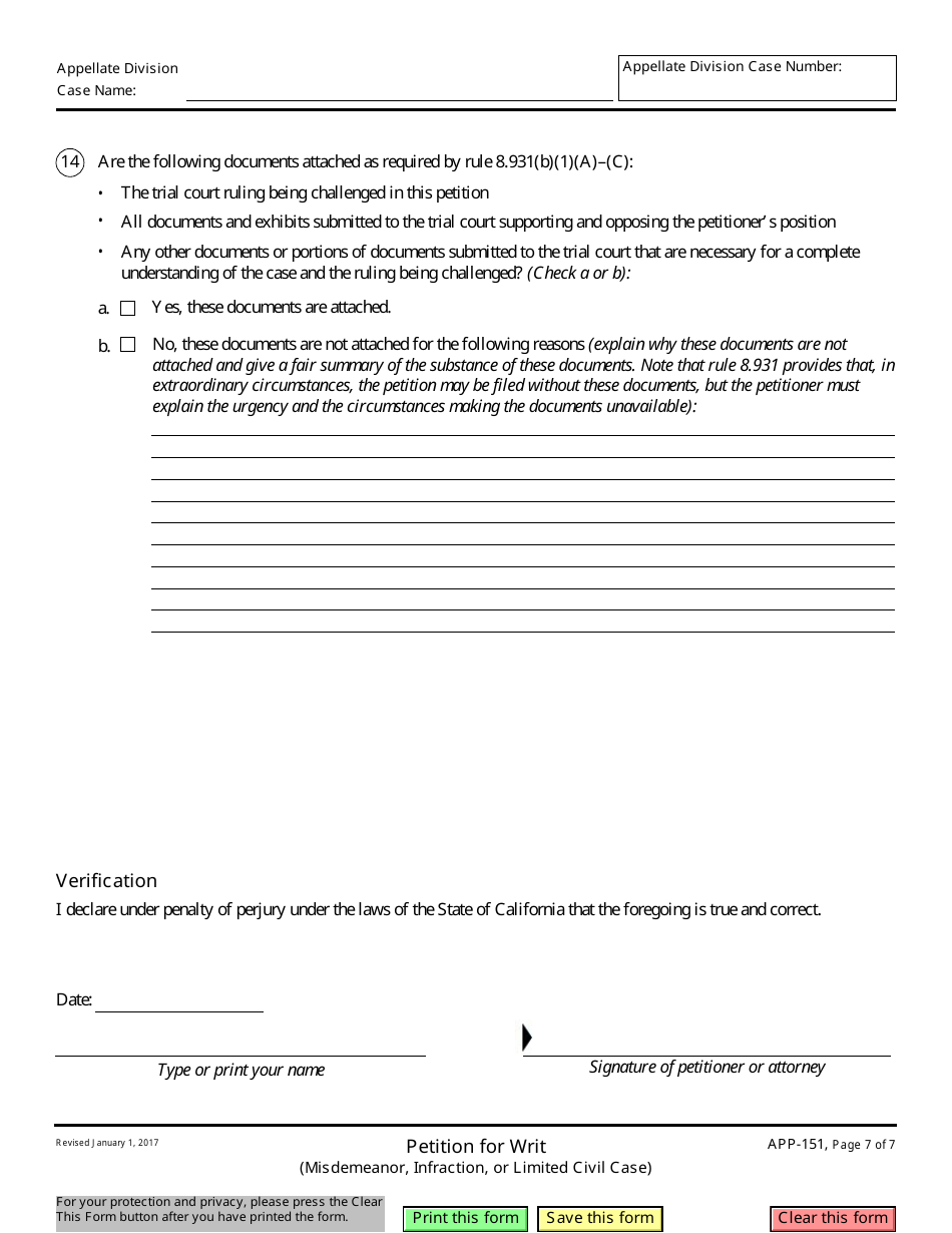 Form APP-151 Petition for Writ (Misdemeanor, Infraction, or Limited Civil Case) - California, Page 7