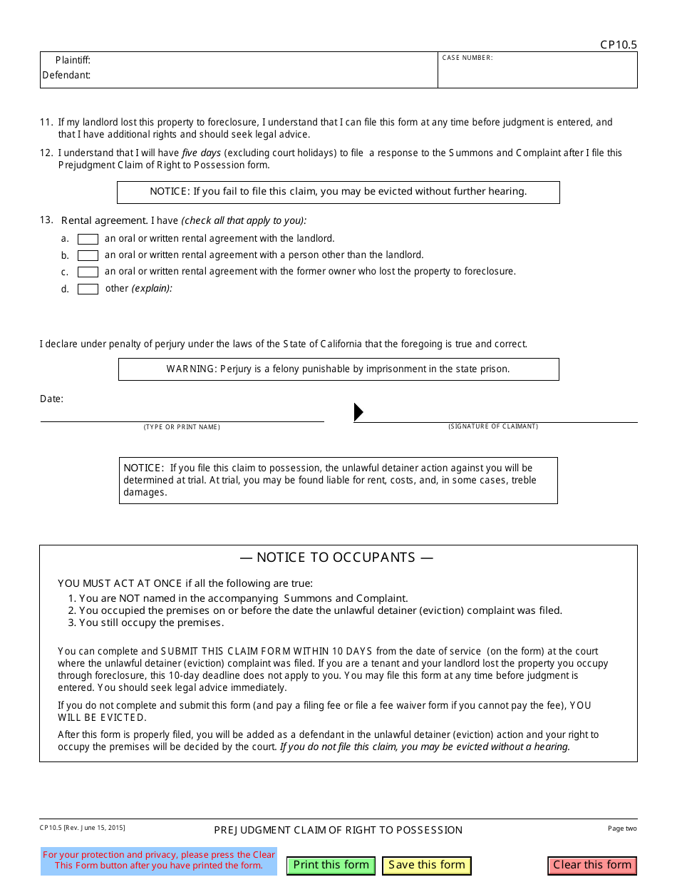 Form CP10.5 Prejudgment Claim of Right to Possession - California, Page 2