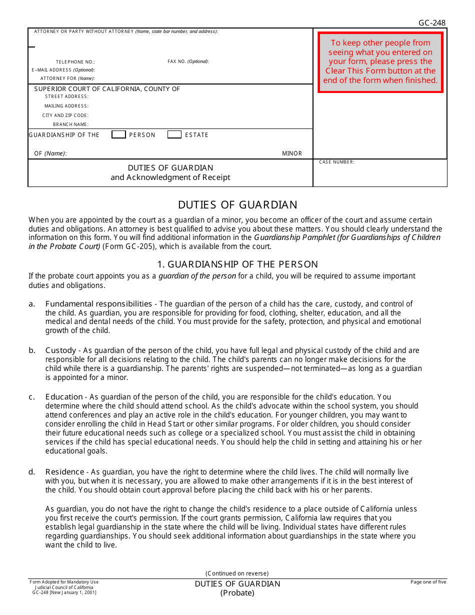 Form GC-248 Duties of Guardian and Acknowledgment of Receipt - California, Page 1