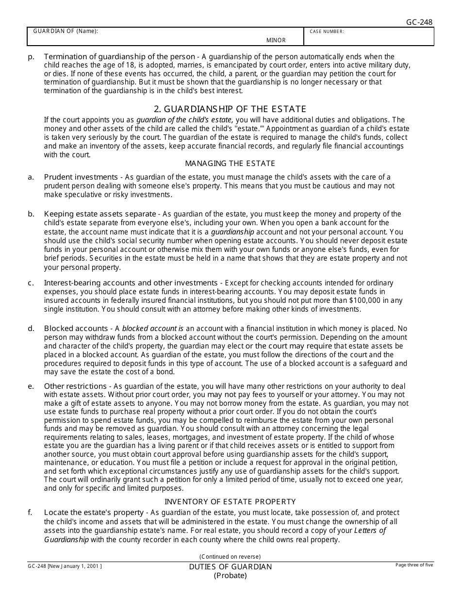 Form GC-248 Duties of Guardian and Acknowledgment of Receipt - California, Page 3