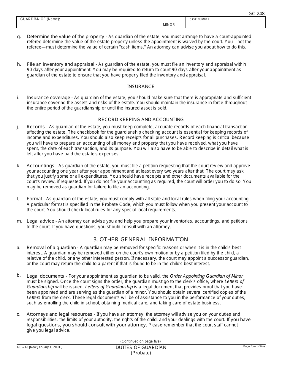 Form GC-248 Duties of Guardian and Acknowledgment of Receipt - California, Page 4