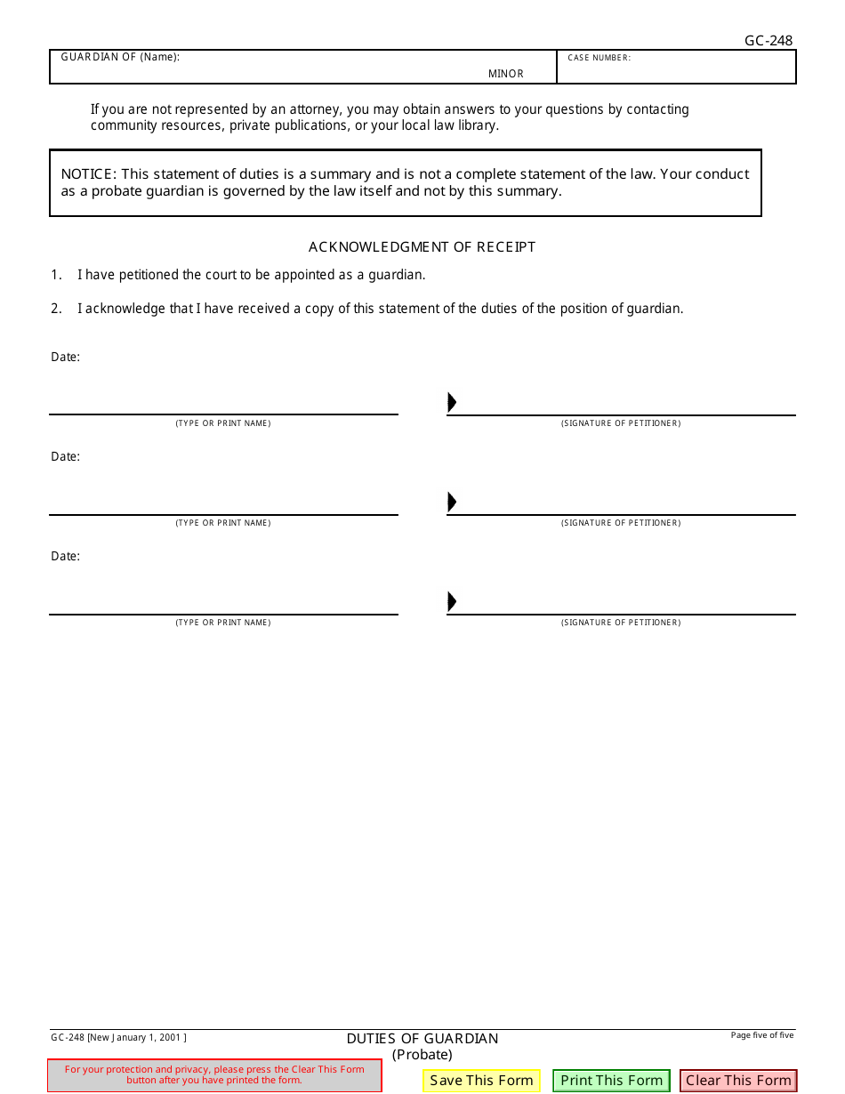 Form GC-248 Duties of Guardian and Acknowledgment of Receipt - California, Page 5