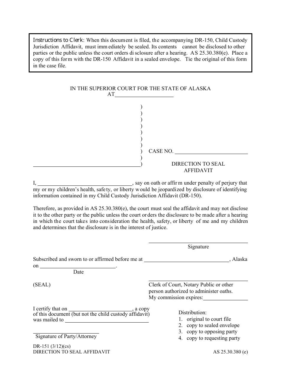 Form DR-151 Direction to Seal Affidavit - Alaska, Page 1