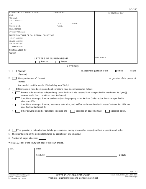 Form GC-250 Letters of Guardianship - California