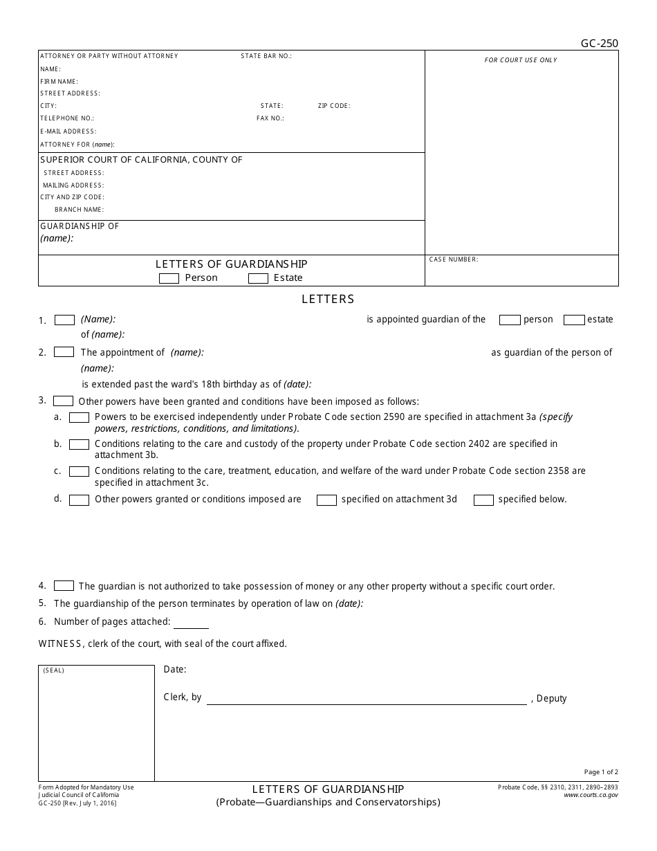 Form GC-250 Letters of Guardianship - California, Page 1