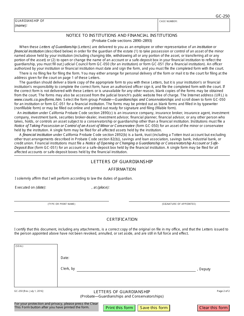 Form GC-250 - Fill Out, Sign Online and Download Fillable PDF ...