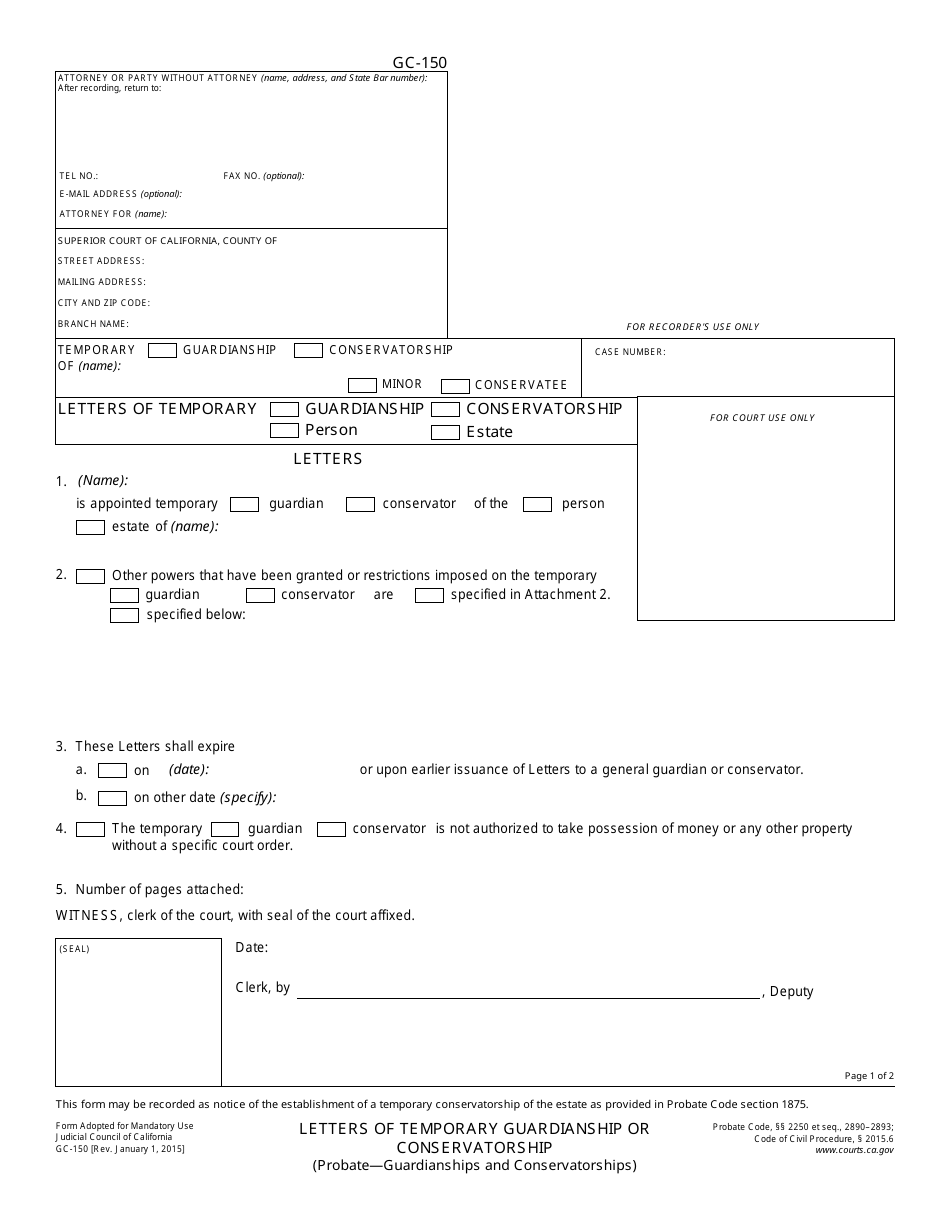 Form GC-150 Letters of Temporary Guardianship or Conservatorship - California, Page 1
