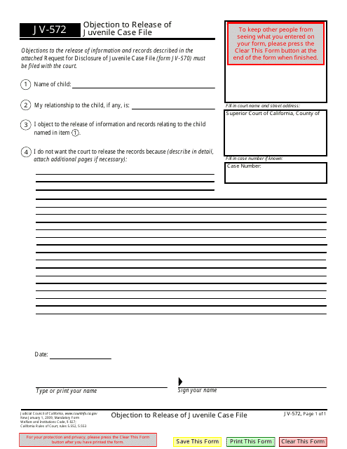 Form JV-572  Printable Pdf