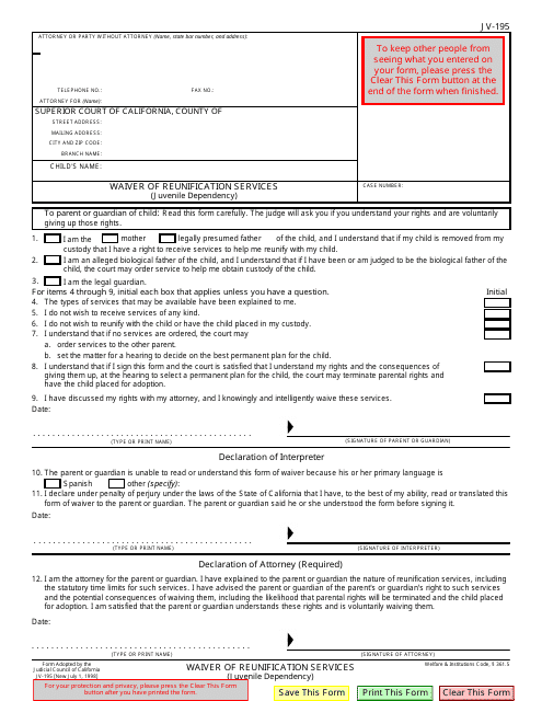 Form JV-195 Waiver of Reunification Services (Juvenile Dependency) - California