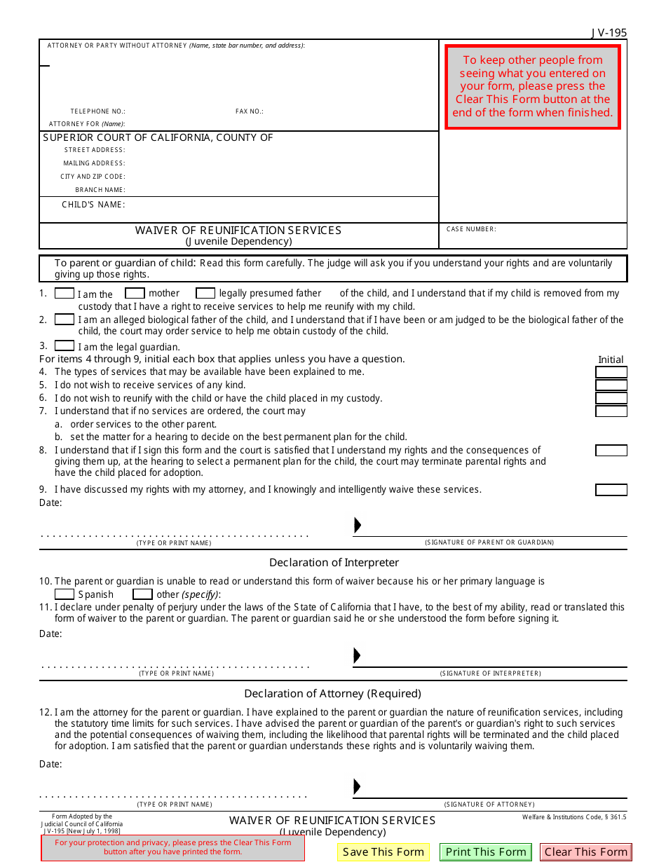 Form JV-195 Waiver of Reunification Services (Juvenile Dependency) - California, Page 1