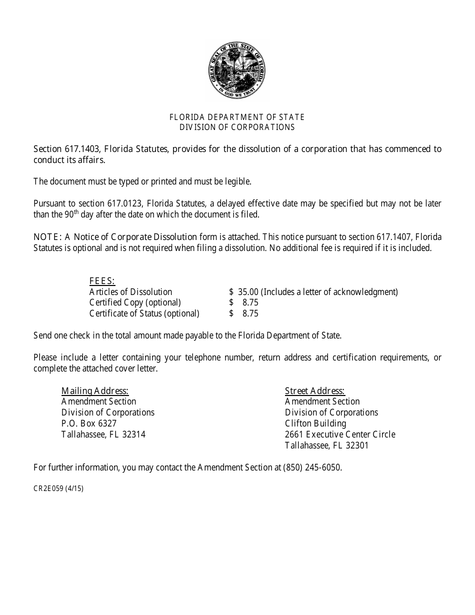 Form CR2E059 Non-profit Articles of Dissolution - Florida, Page 1