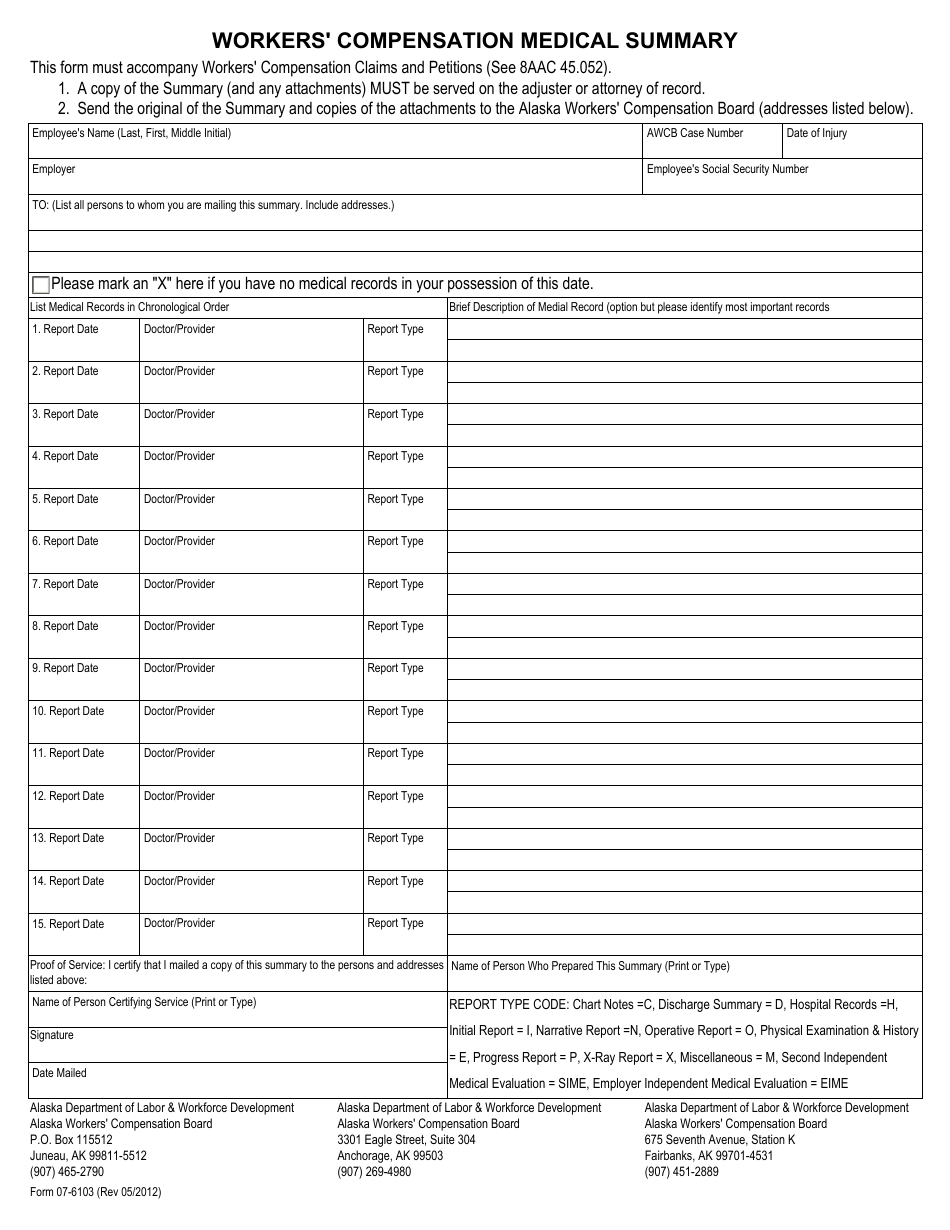 Form 07-6103 Workers Compensation Medical Summary - Alaska, Page 1