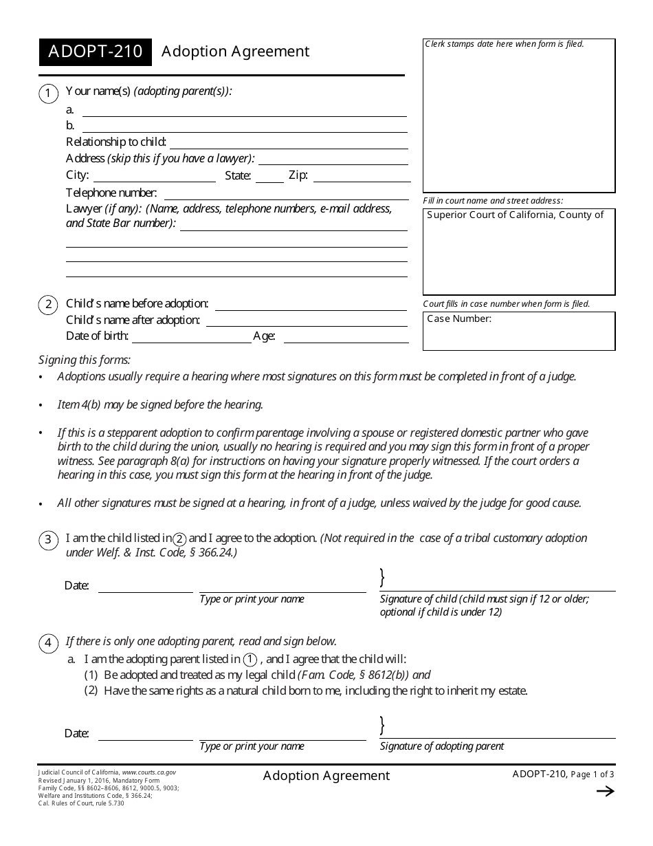 Form ADOPT-210 Adoption Agreement - California, Page 1