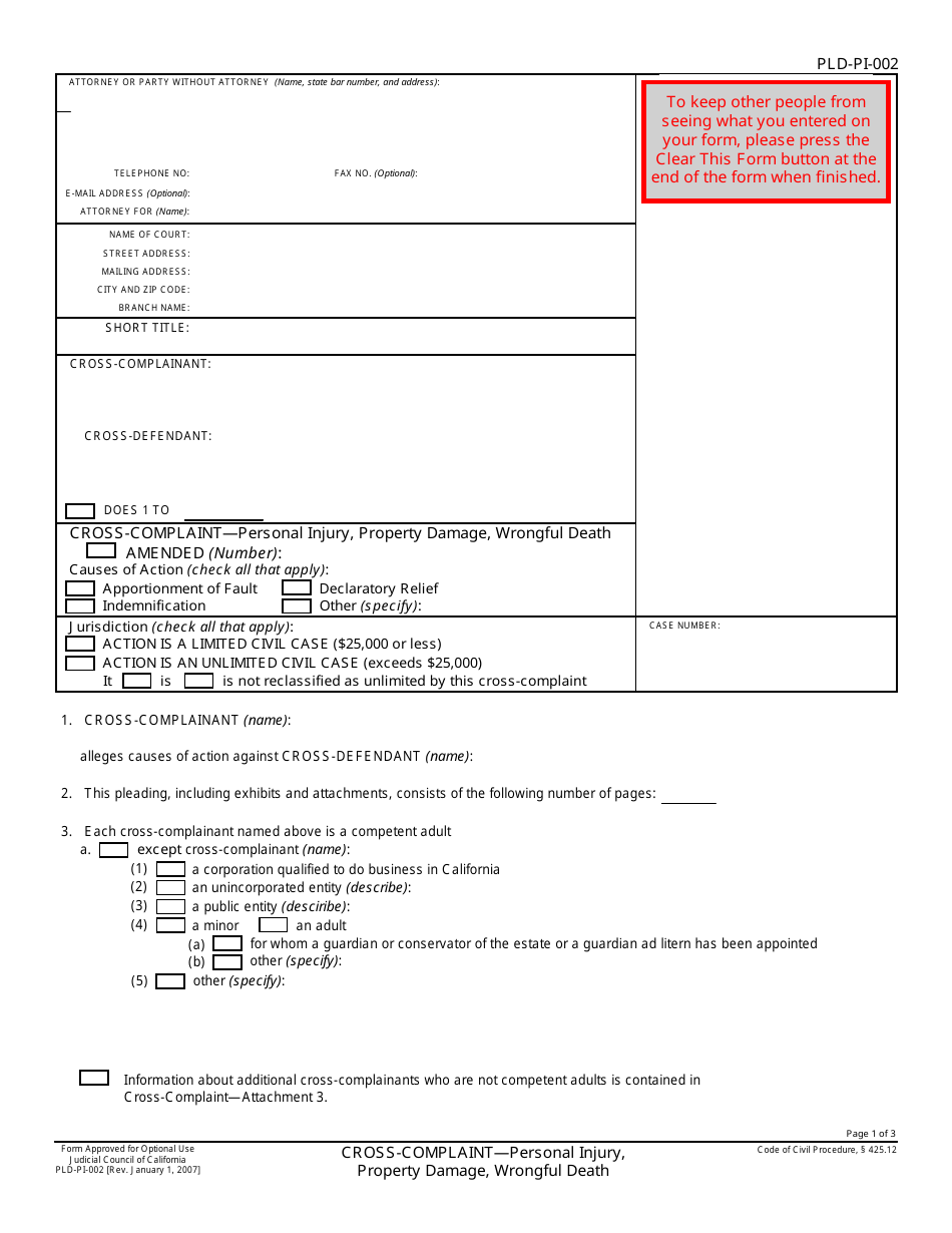 Form PLD-PI-002 Cross-complaint - Personal Injury, Property Damage, Wrongful Death - California, Page 1