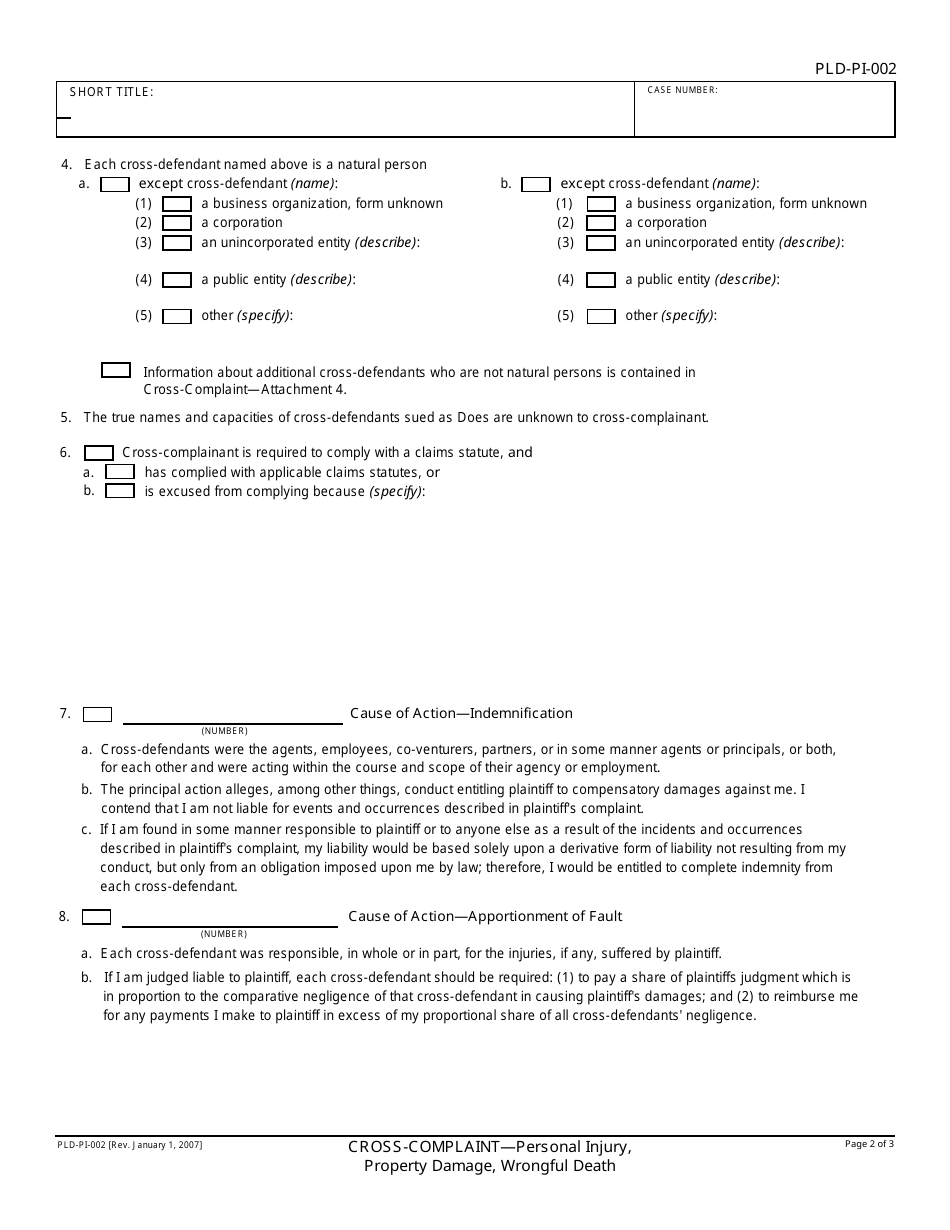 Form PLD-PI-002 Cross-complaint - Personal Injury, Property Damage, Wrongful Death - California, Page 2