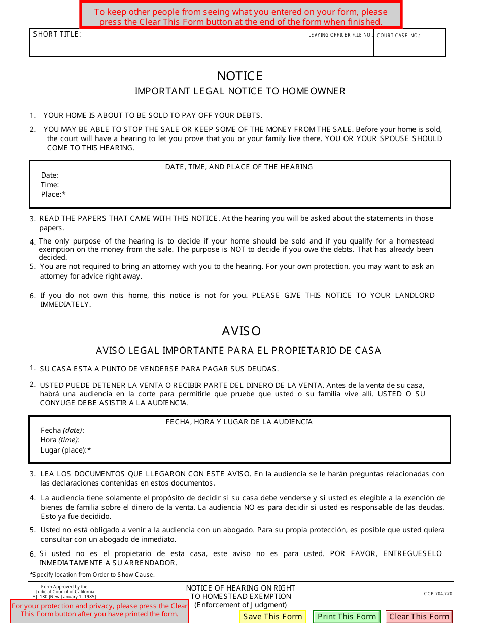 Form EJ-180 Notice of Hearing on Right to Homestead Exemption - California (English / Spanish), Page 1
