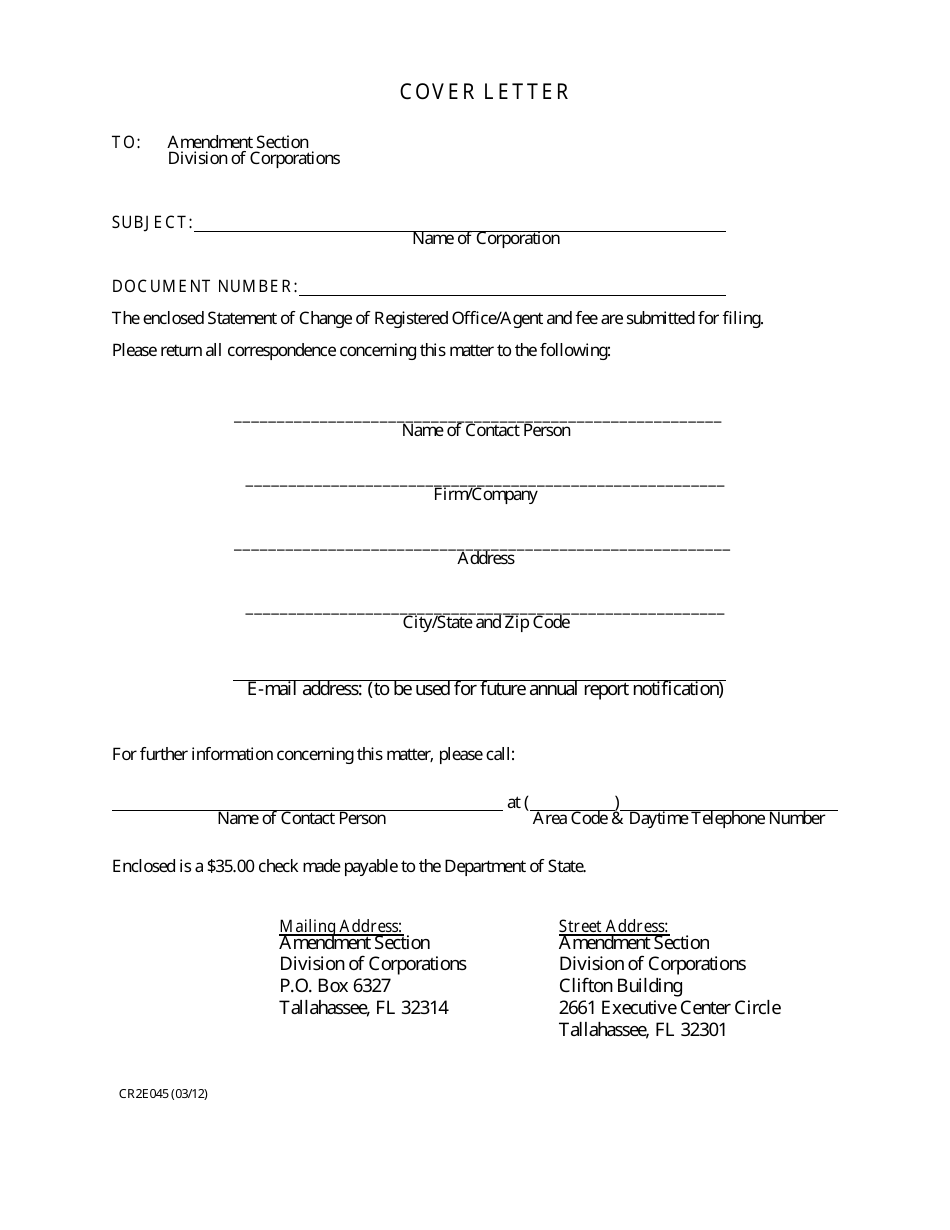 Form CR2E045 Statement of Change of Registered Office or Registered Agent or Both for Corporations - Florida, Page 1