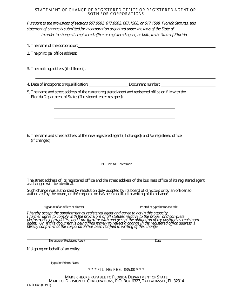Form CR2E045 Statement of Change of Registered Office or Registered Agent or Both for Corporations - Florida, Page 2