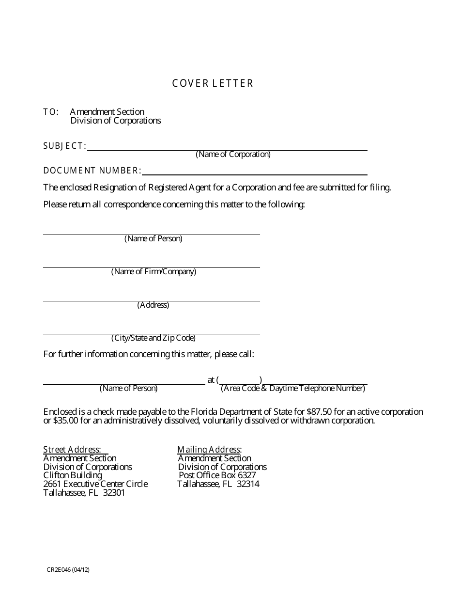 Form CR2E046 Resignation of Registered Agent for a Corporation - Florida, Page 1