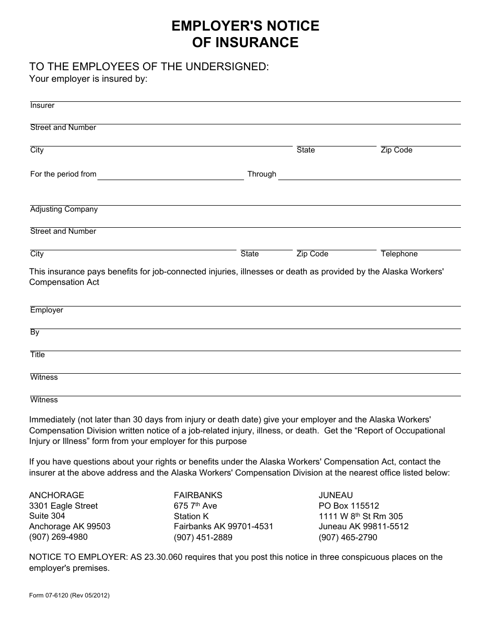 Form 07-6120 Employers Notice of Insurance - Alaska, Page 1