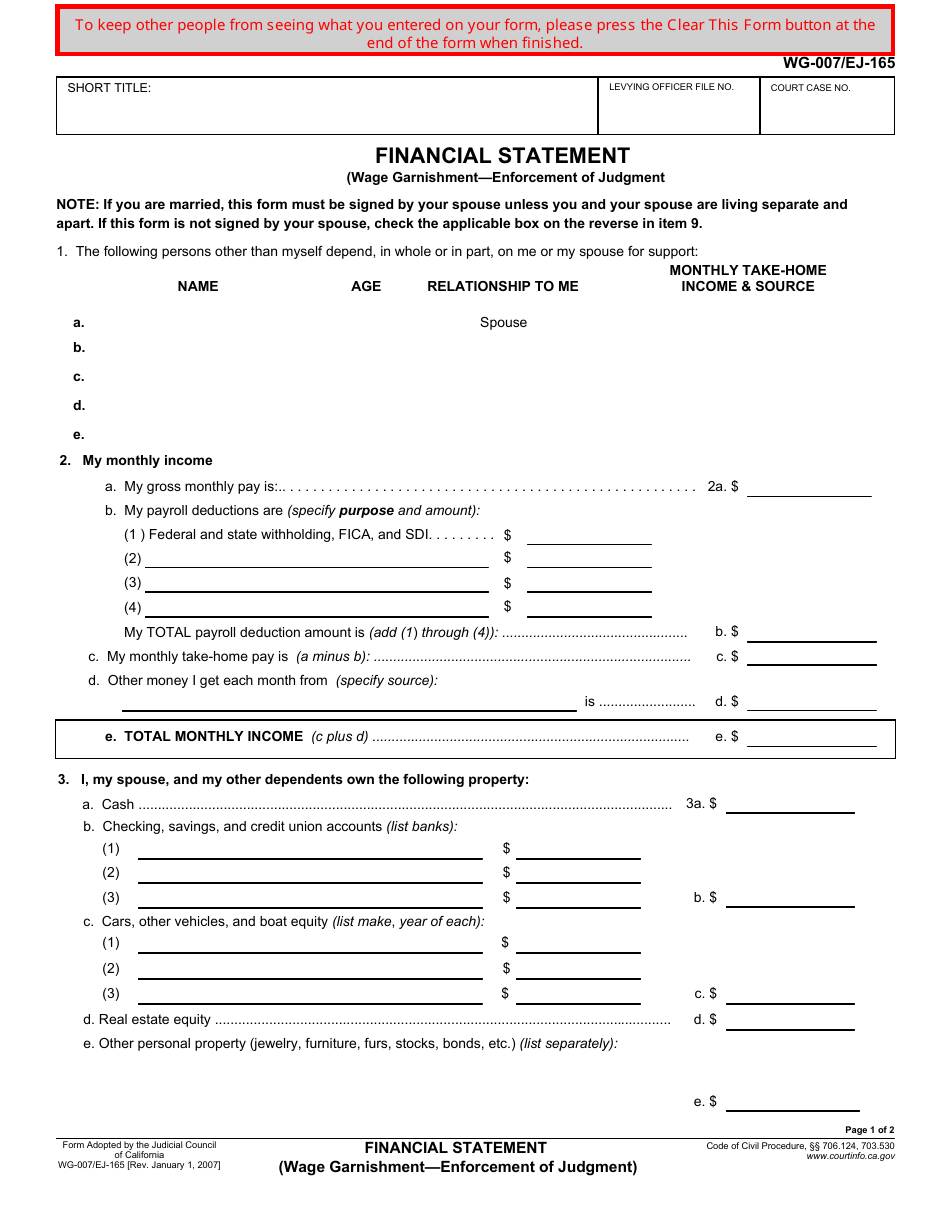 Form WG-007 (EJ-165) Financial Statement (Wage Garnishment - Enforcement of Judgment) - California, Page 1