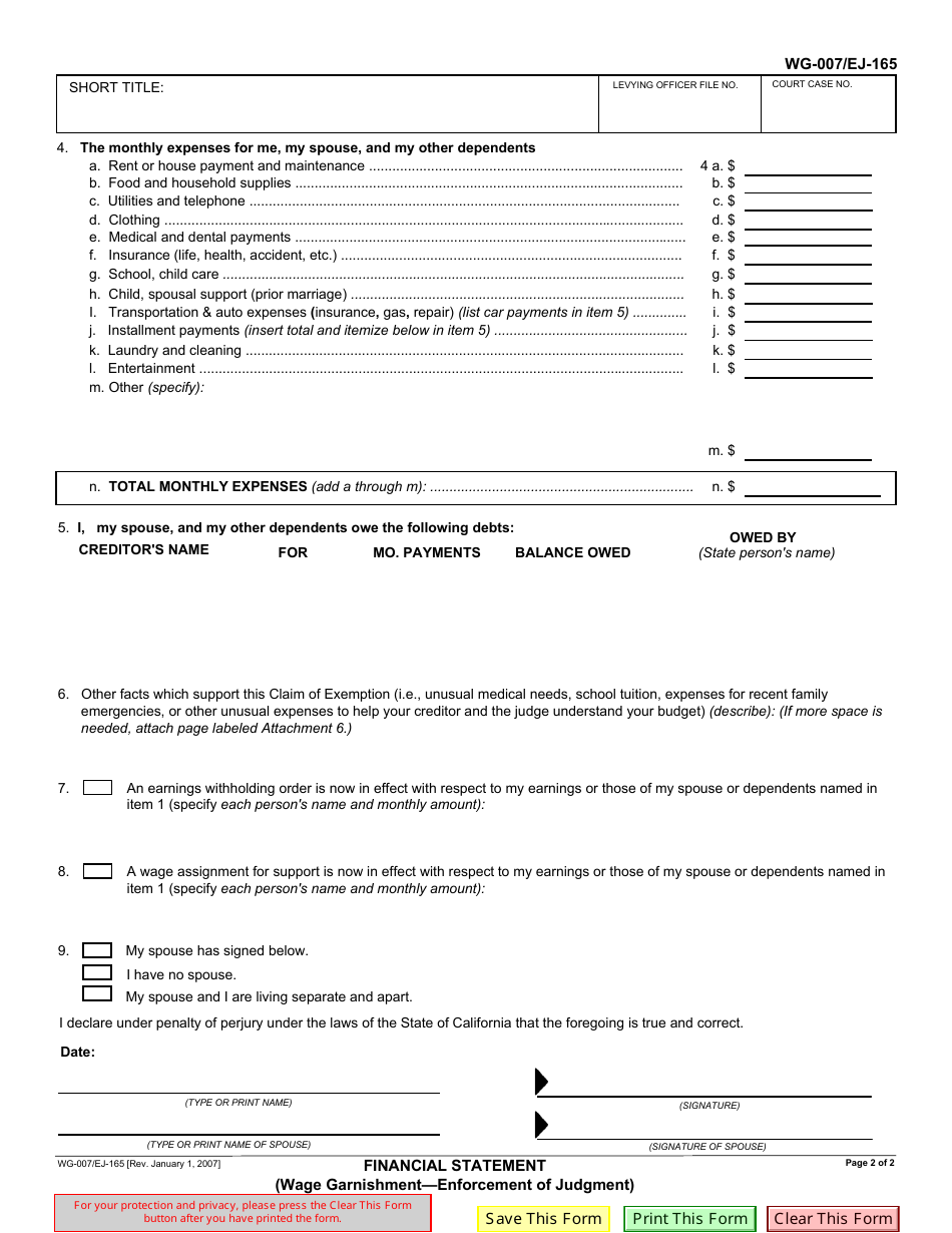 Form WG-007 (EJ-165) Financial Statement (Wage Garnishment - Enforcement of Judgment) - California, Page 2
