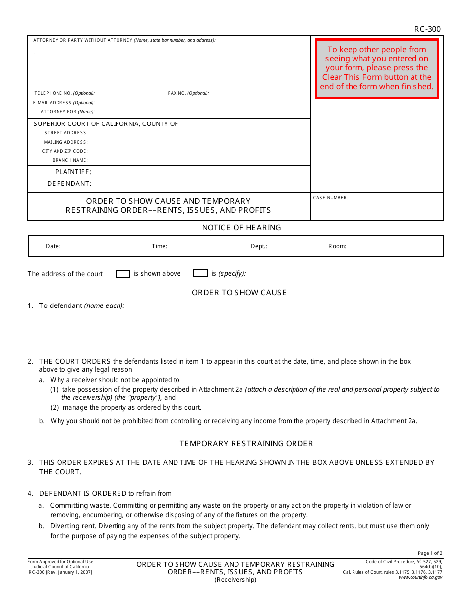 Form RC-300 Order to Show Cause and Temporary Restraining Order - Rents, Issues, and Profits - California, Page 1