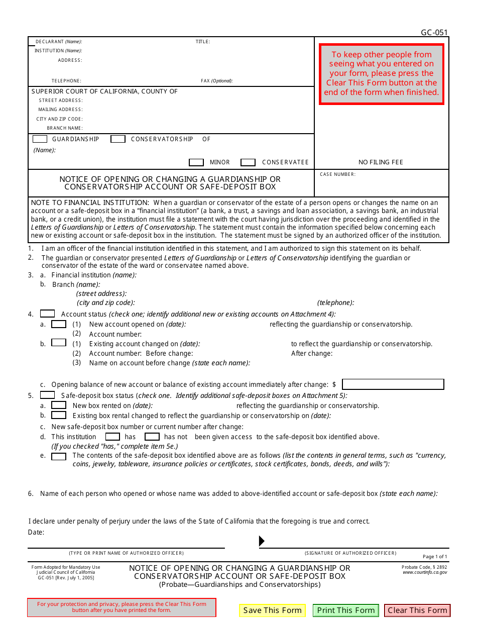 Form GC-051 Notice of Opening or Changing a Guardianship or Conservatorship Account or Safe-Deposit Box - California, Page 1