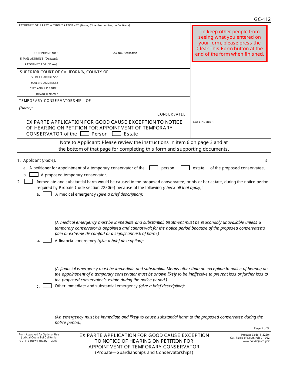 Form GC-112 Ex Parte Application for Good Cause Exception to Notice of Hearing on Petition for Appointment of Temporary Conservator - California, Page 1