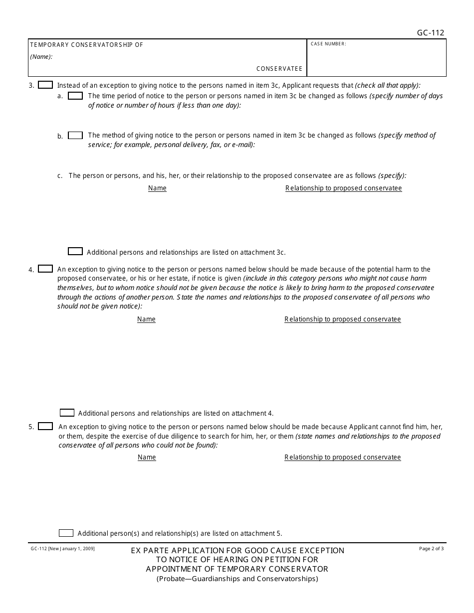 Form GC-112 Ex Parte Application for Good Cause Exception to Notice of Hearing on Petition for Appointment of Temporary Conservator - California, Page 2