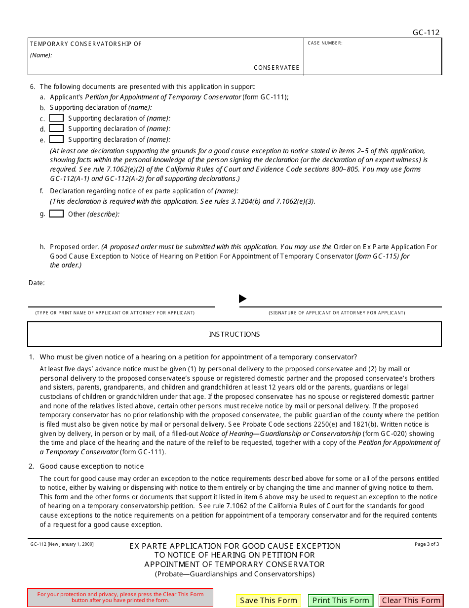 Form GC-112 Ex Parte Application for Good Cause Exception to Notice of Hearing on Petition for Appointment of Temporary Conservator - California, Page 3