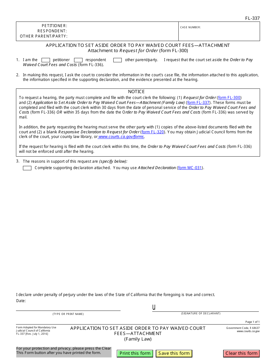 Form Fl 337 Download Fillable Pdf Or Fill Online Application To Set Aside Order To Pay Waived Court Fees Attachment California Templateroller