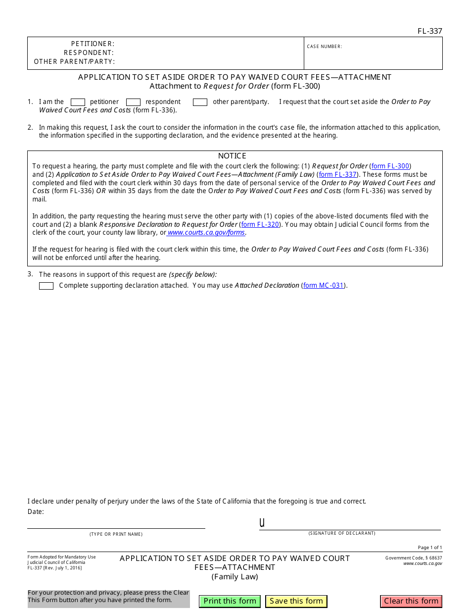 Form FL-337 Application to Set Aside Order to Pay Waived Court Fees - Attachment - California, Page 1