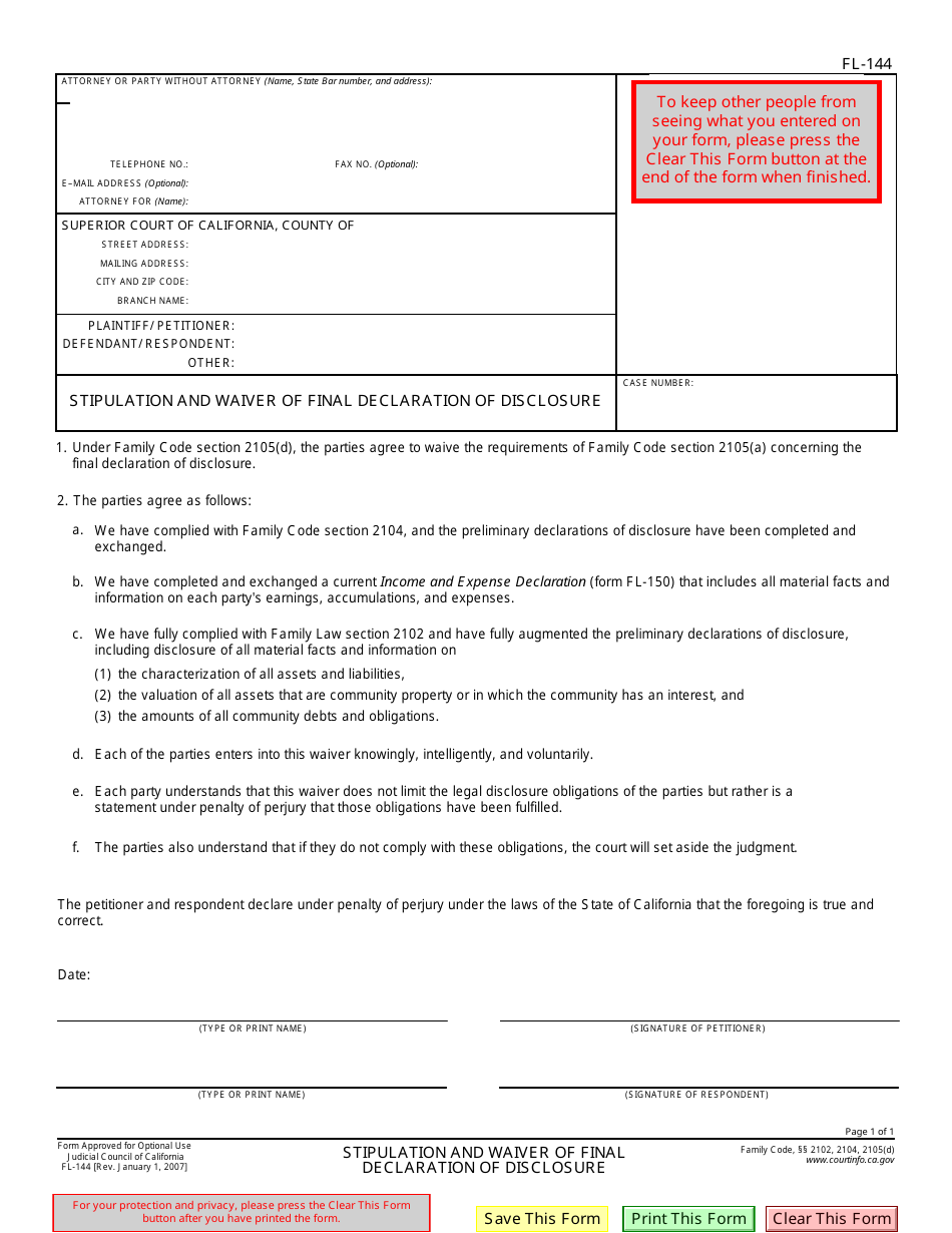 Form FL-144 Stipulation and Waiver of Final Declaration of Disclosure - California, Page 1