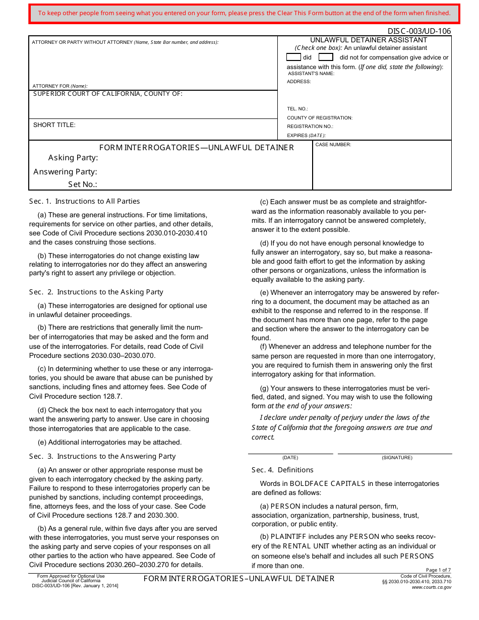 Form UD-106 (DISC-003) Form Interrogatories - Unlawful Detainer - California, Page 1