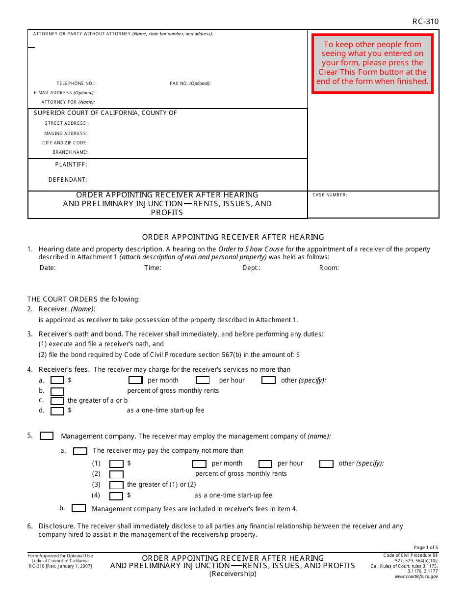 Form RC-310 Order Appointing Receiver After Hearing and Preliminary Injunctionrents, Issues, and Profits - California, Page 1