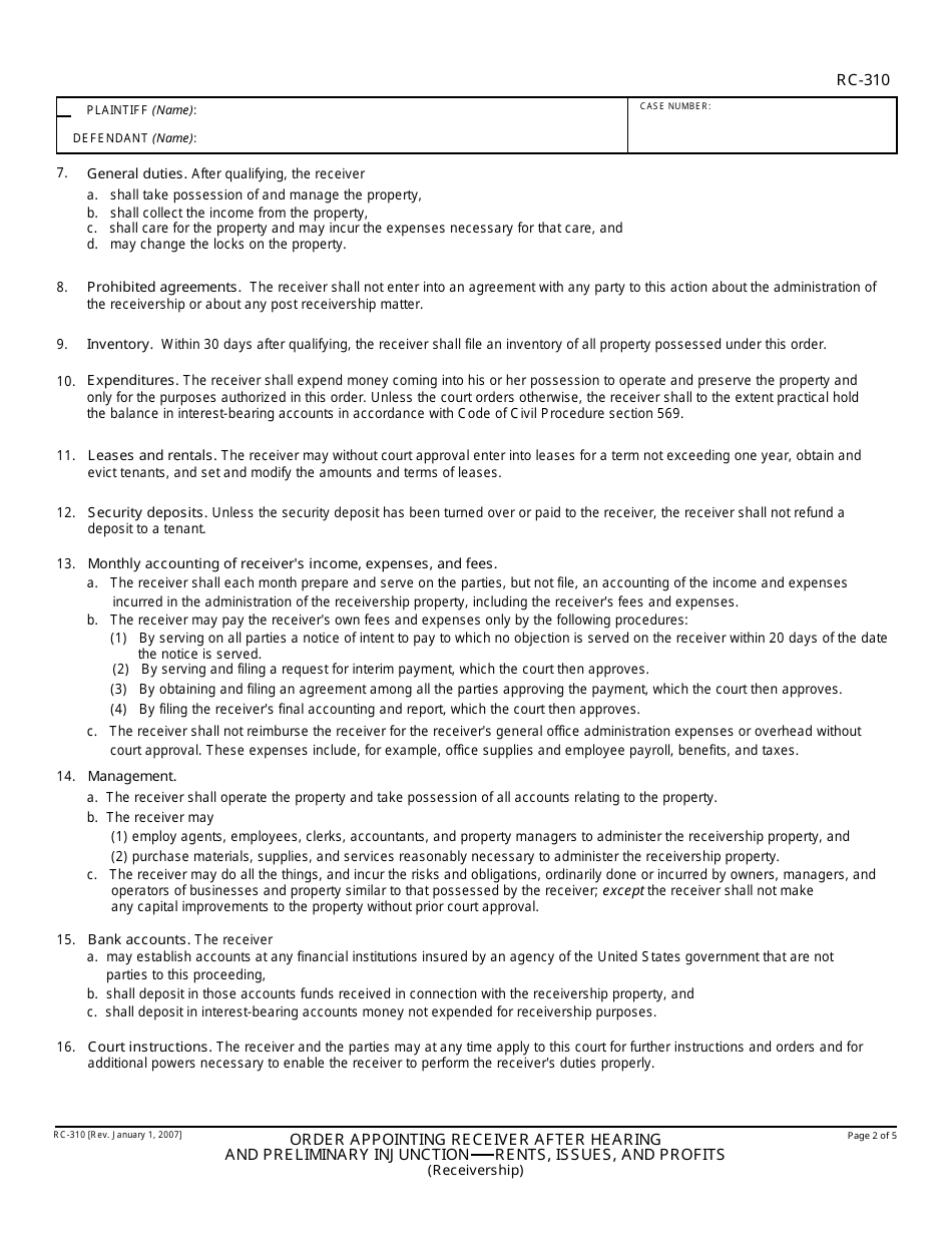 Form RC-310 Order Appointing Receiver After Hearing and Preliminary Injunctionrents, Issues, and Profits - California, Page 2