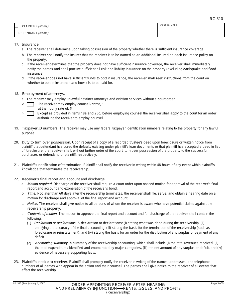 Form RC-310 Order Appointing Receiver After Hearing and Preliminary Injunctionrents, Issues, and Profits - California, Page 3