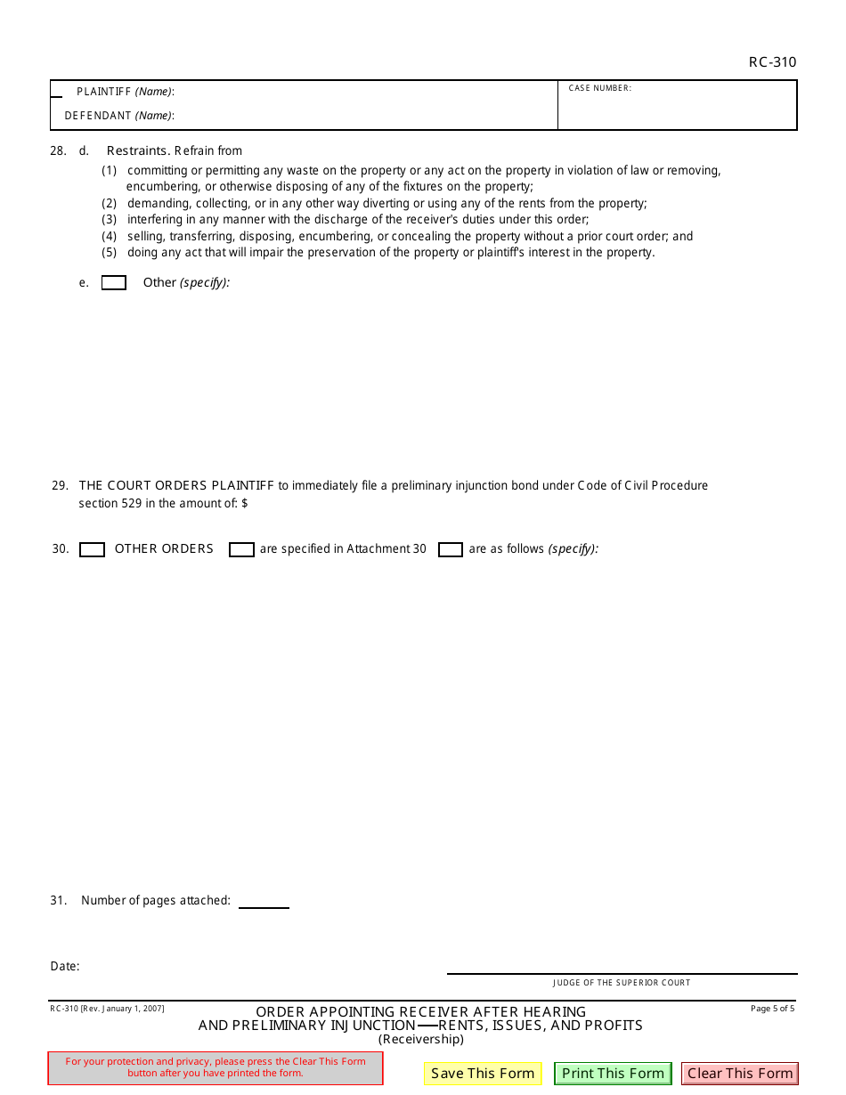 Form RC-310 Order Appointing Receiver After Hearing and Preliminary Injunctionrents, Issues, and Profits - California, Page 5