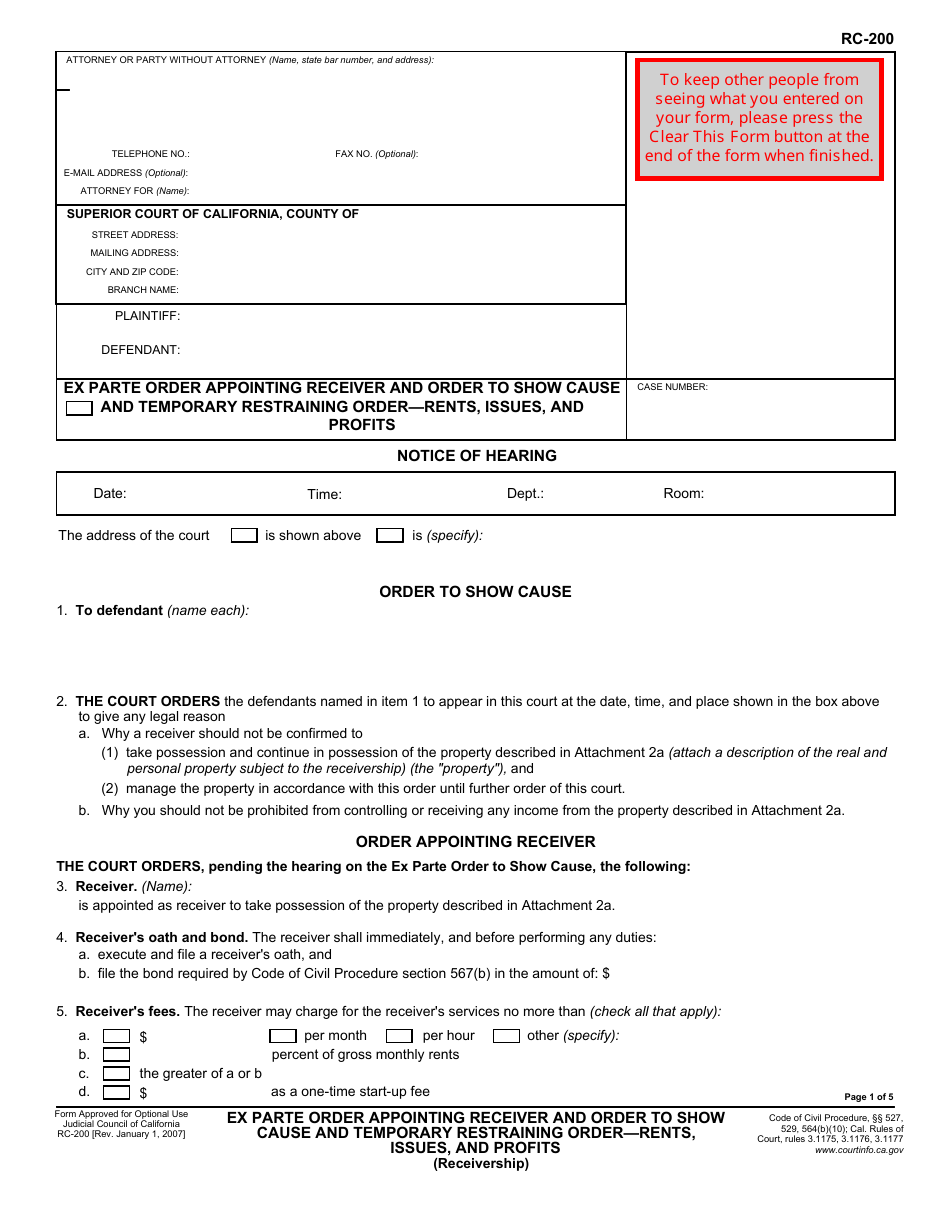 Form RC-200 Ex Parte Order Appointing Receiver and Order to Show Cause and Temporary Restraining Order - Rents, Issues, and Profits - California, Page 1