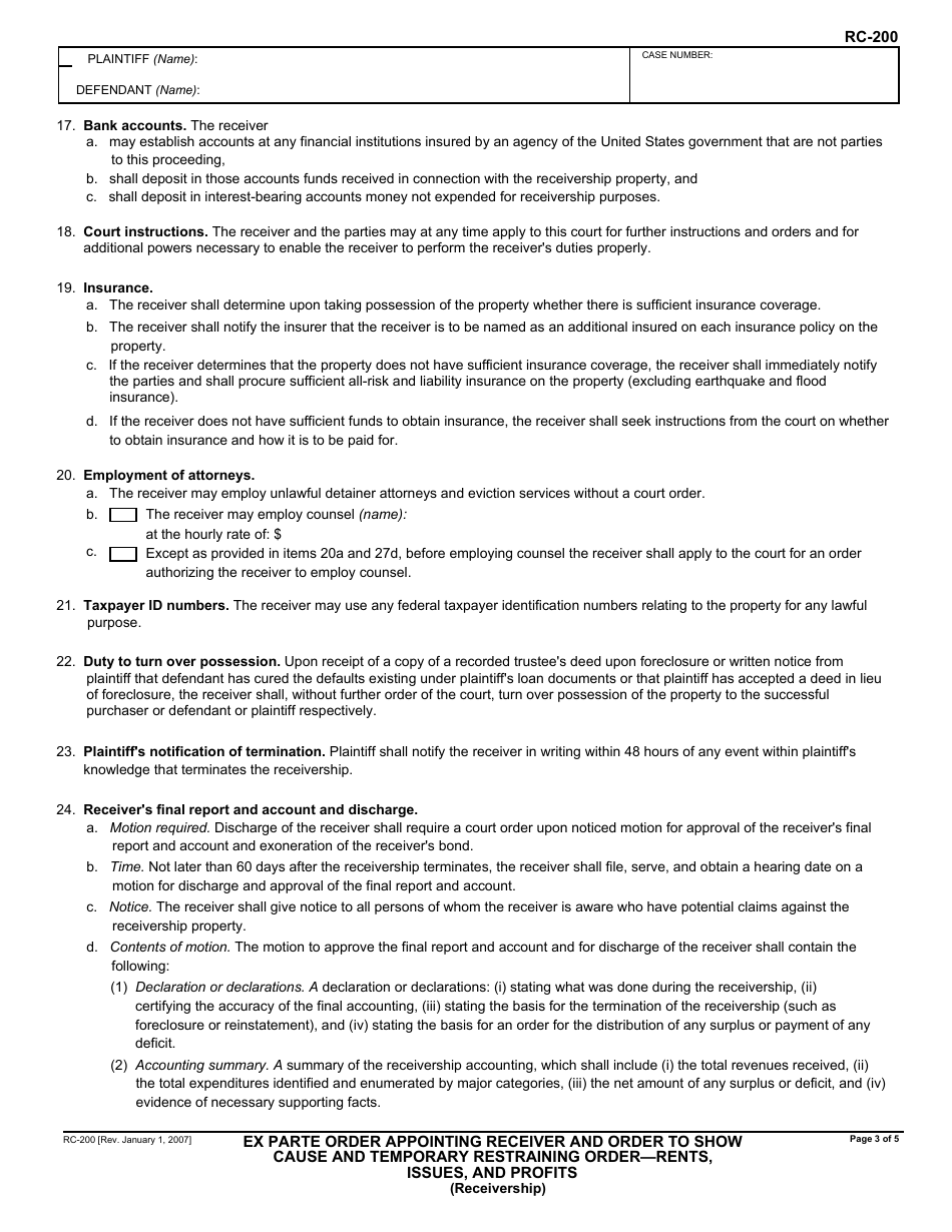 Form RC-200 Ex Parte Order Appointing Receiver and Order to Show Cause and Temporary Restraining Order - Rents, Issues, and Profits - California, Page 3