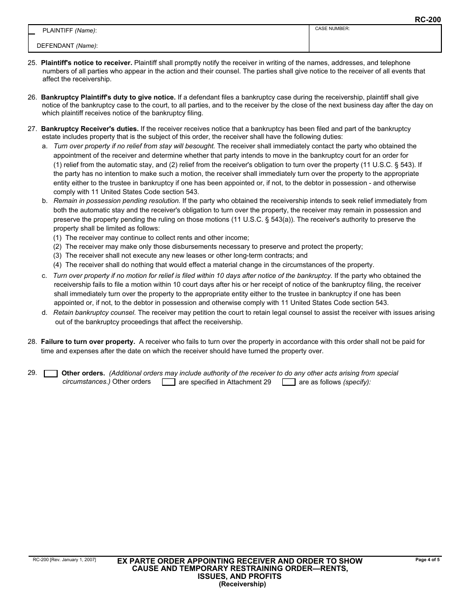Form RC-200 Ex Parte Order Appointing Receiver and Order to Show Cause and Temporary Restraining Order - Rents, Issues, and Profits - California, Page 4