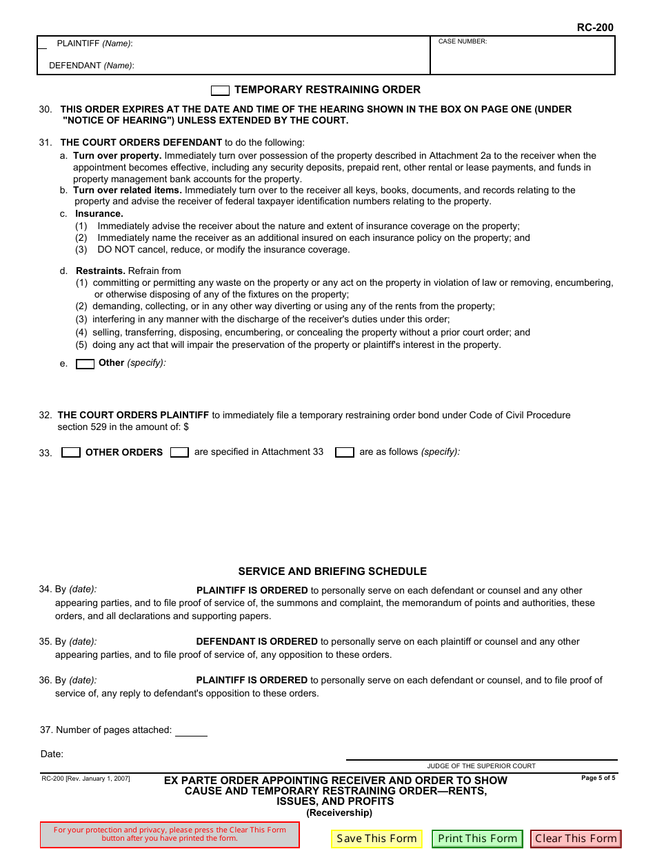 Form RC-200 Ex Parte Order Appointing Receiver and Order to Show Cause and Temporary Restraining Order - Rents, Issues, and Profits - California, Page 5