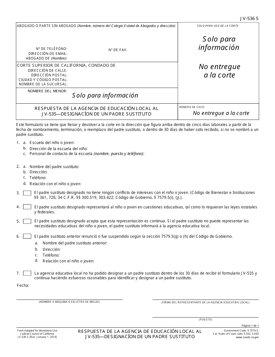 Formulario JV-536 S Respuesta De La Agencia De Educacion Local Al Jv-535 - Designacion De Un Padre Sustituto - California (Spanish), Page 1