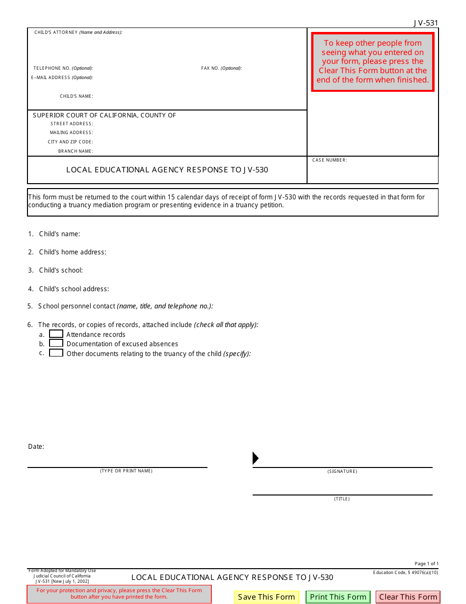 Form JV-531 Local Educational Agency Response to Jv-530 - California, Page 1